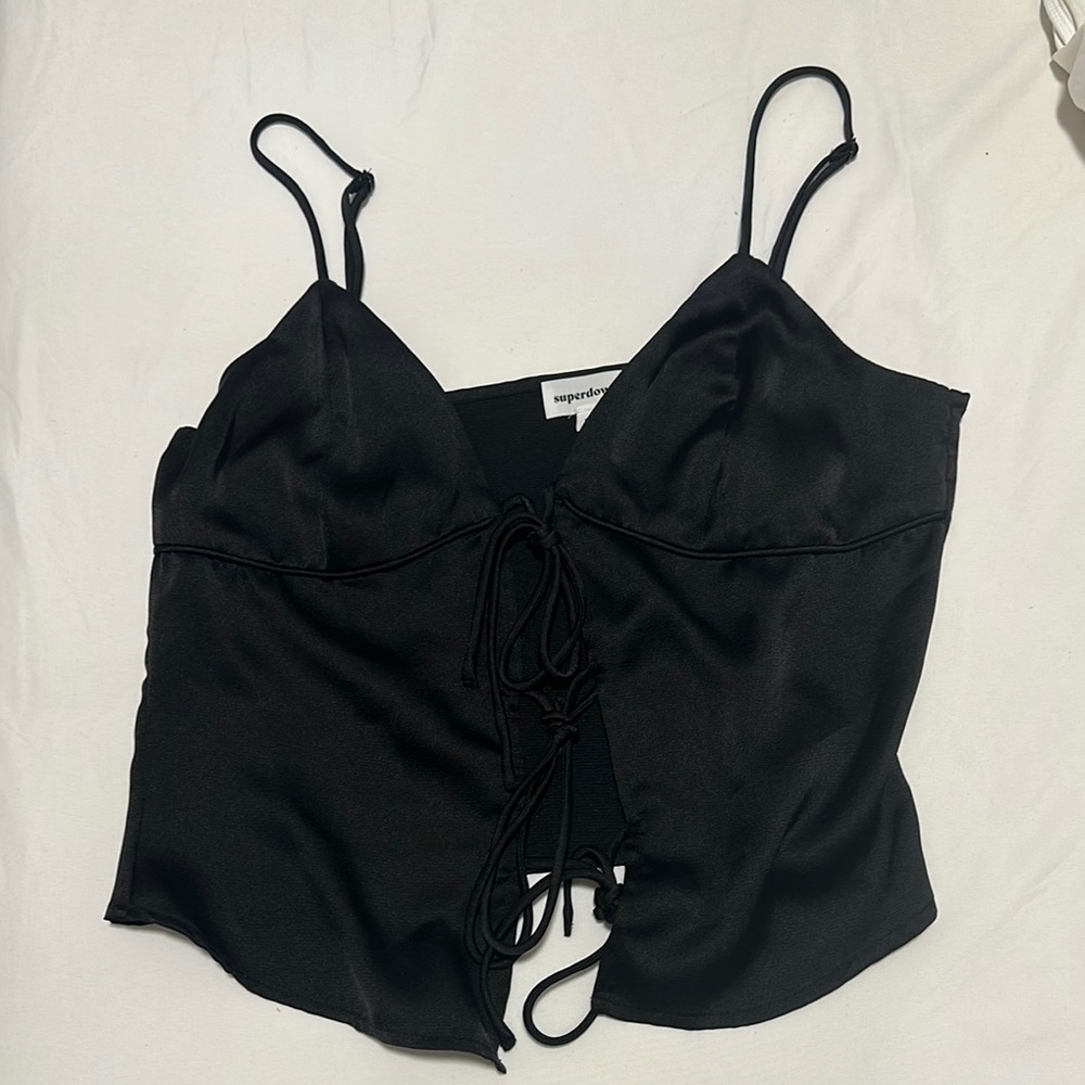 Black Lace-Up Satin Top